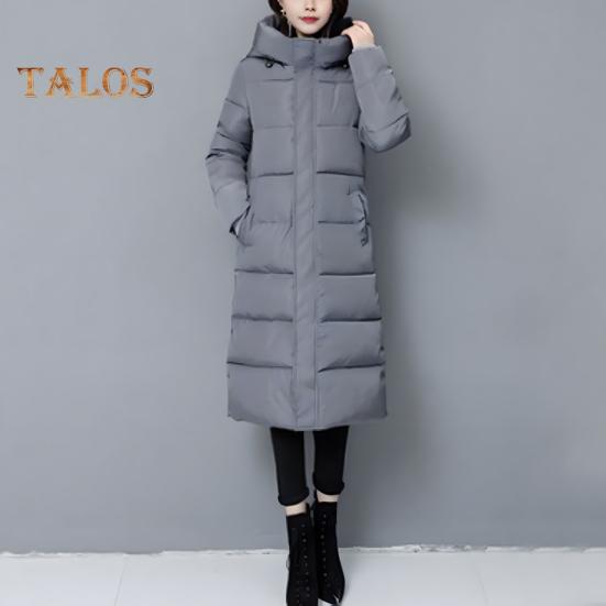 Winter Down Coat Thickened Padded Hooded Stand Collar Knee Length Pockets Zipper Closure Windproof Heat Retention Warm Daily Cold Weather Outwear