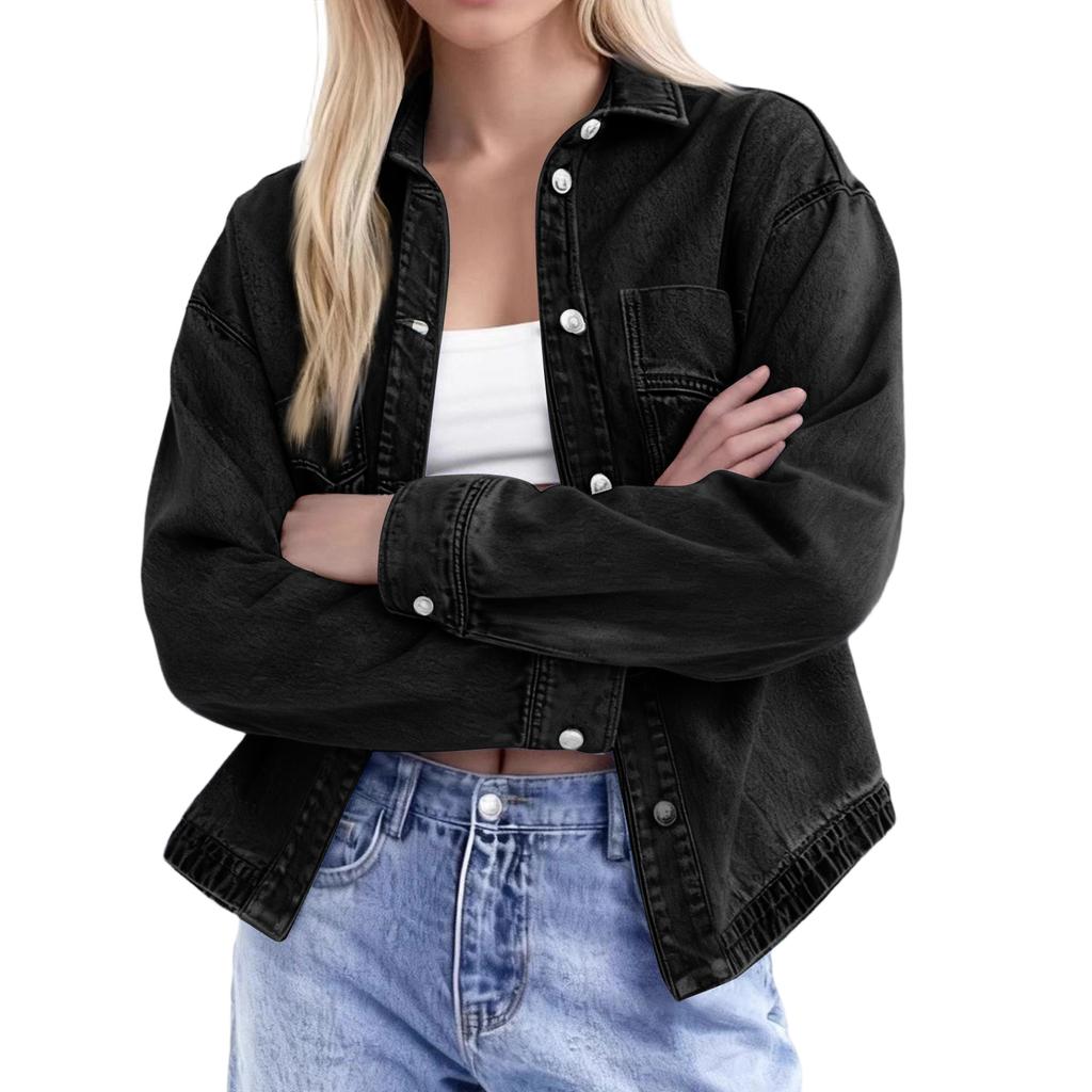 Women's Washed Vintage Loose Fit Casual Denim Shirt Jacket Button Down Long Sleeve Pocket Detail Lightweight Outerwear