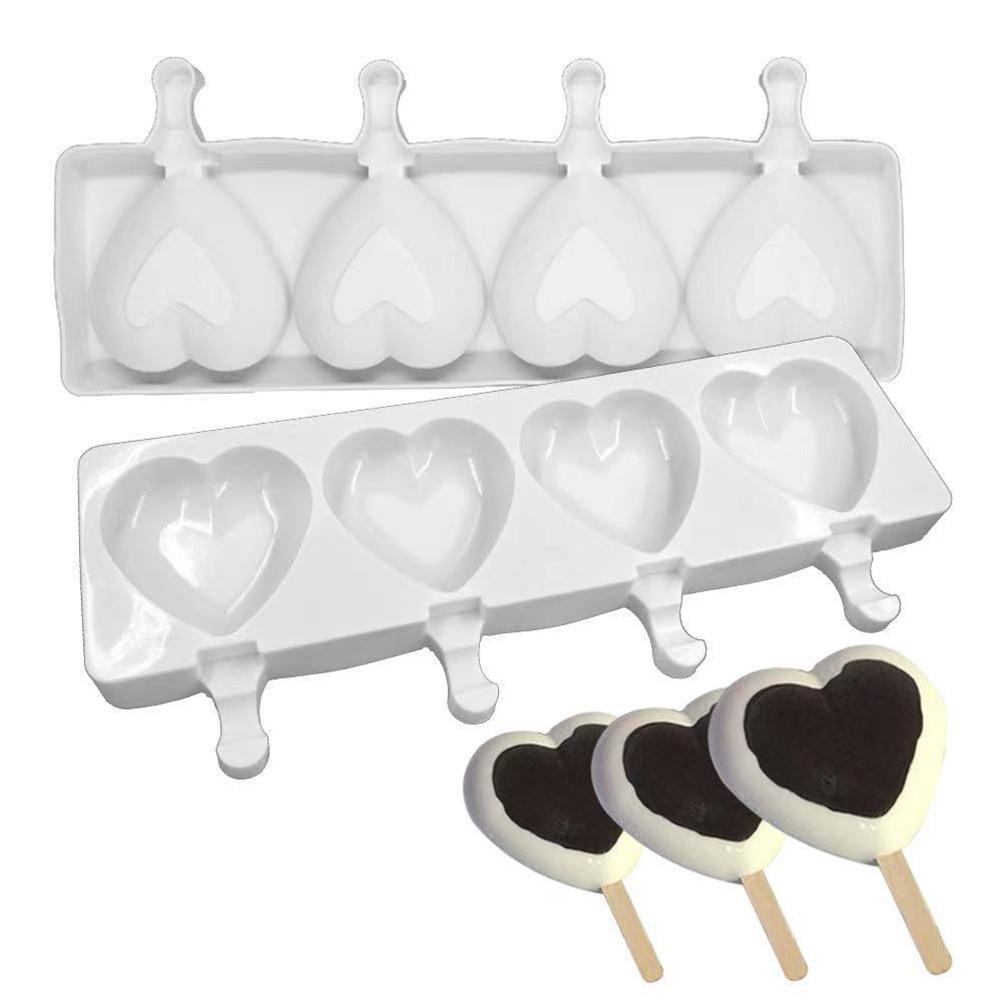 4 Cavities Ice Cream Molds 3D Heart Shape Popsicle Mold Silicone Mold for DIY Ice Cream Puree Yogurt