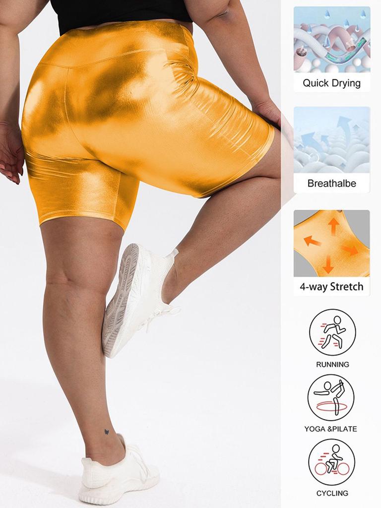 Women Large Size Foil-Stamped Shorts High Waist Shiny Metallic Elastic Shorts with Pocket
