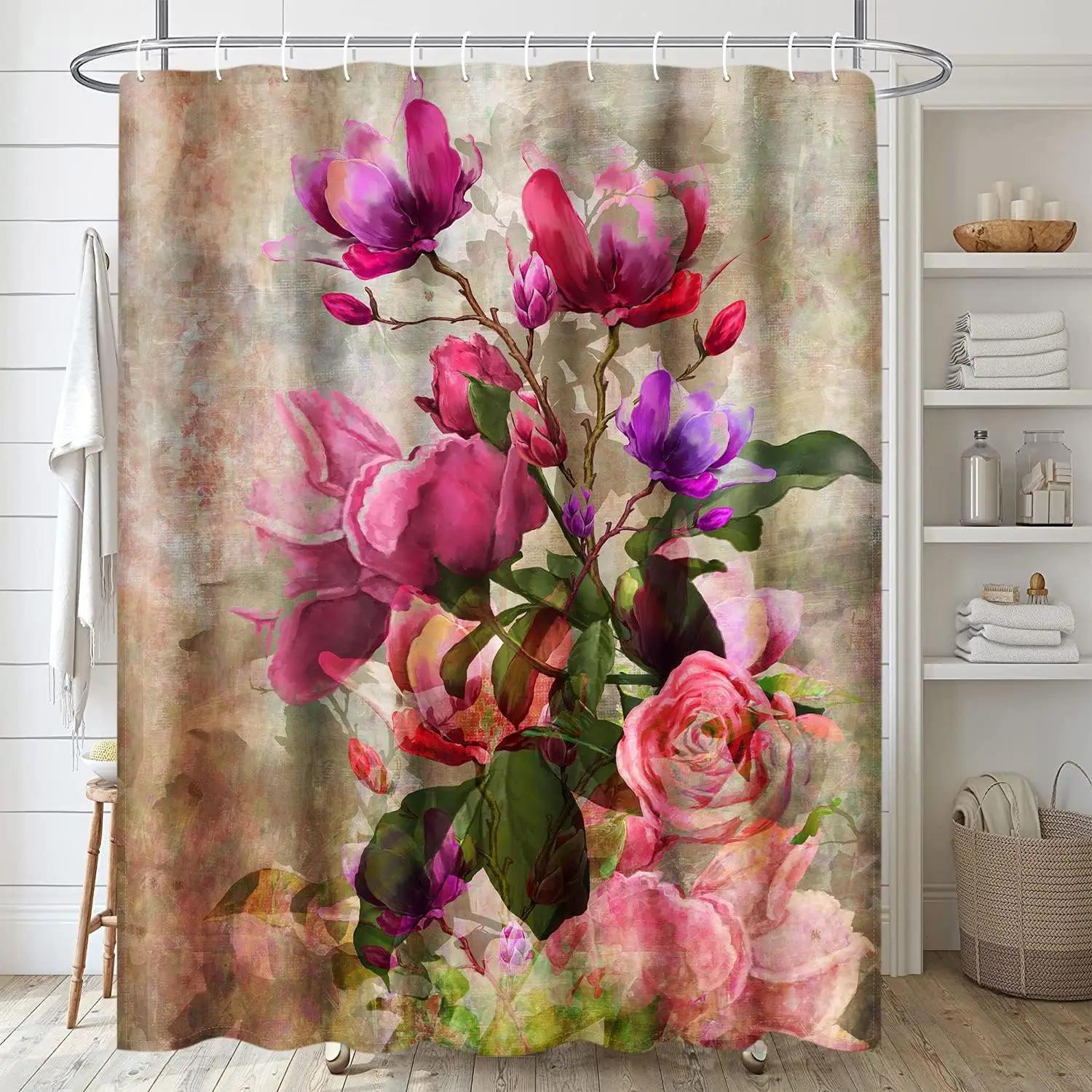

Wood Paneled Flower Shower Curtain, Vintage Flower Farm Cart Sunflower Butterfly Lavender Geometric Bible, Bathroom Decoration W60H190(CM)-1 Pcs