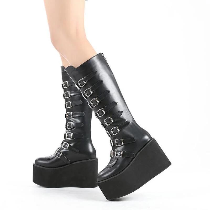 Fashion Designer Big Size 43 Black Gothic Style Cool Punk Motorcycles Boots Female Platform Wedges High Heels Calf Boots Women Shoes
