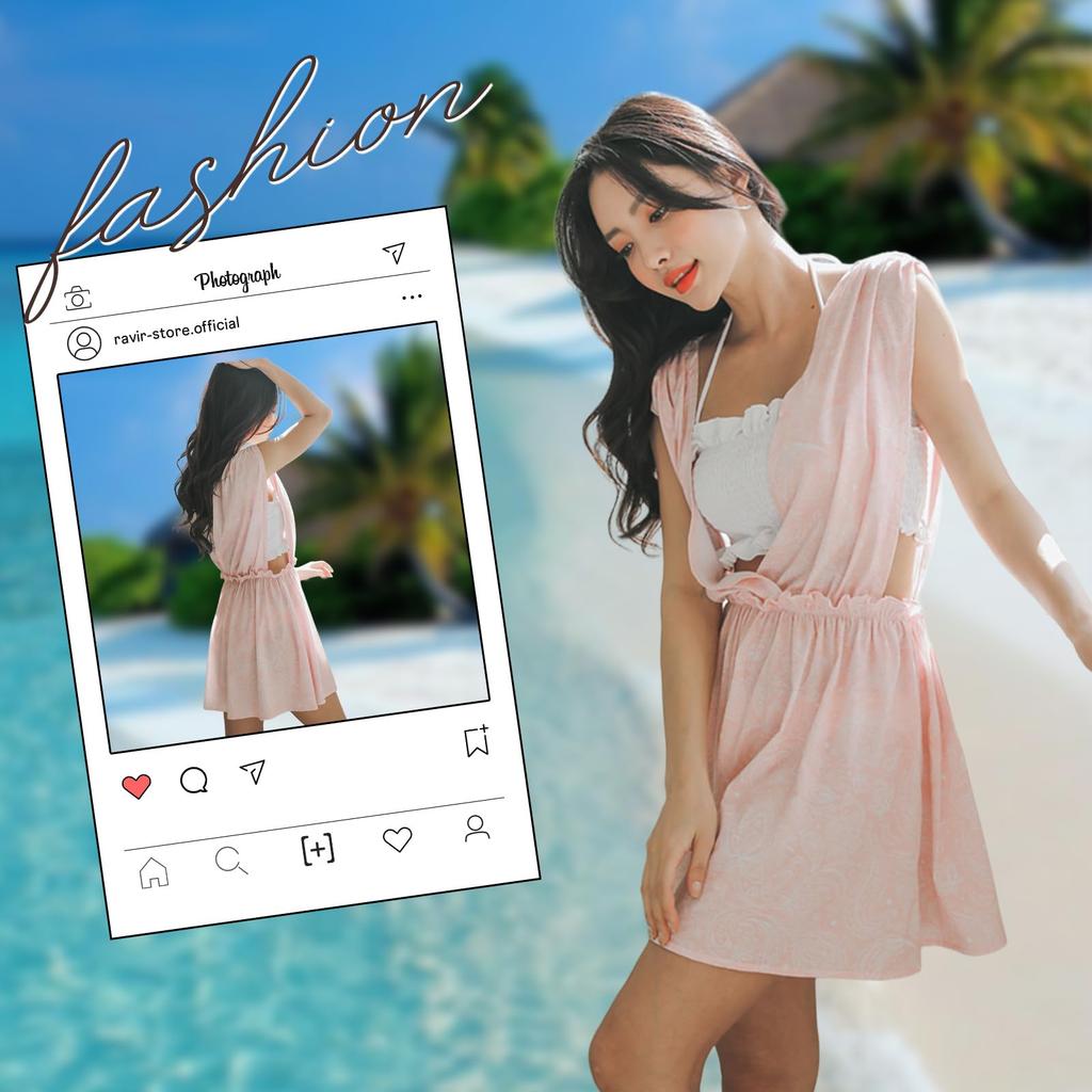 Size S [RAVIR] Women's Swimsuit, One-piece, 3-piece Set, Body-covering, Shirred, Feminine, Cache-coeur, Pink,