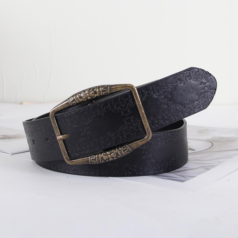Ретро тисненый коричневый сплав этнический американский Y2K женский высококачественный кожаный ремень чёрный