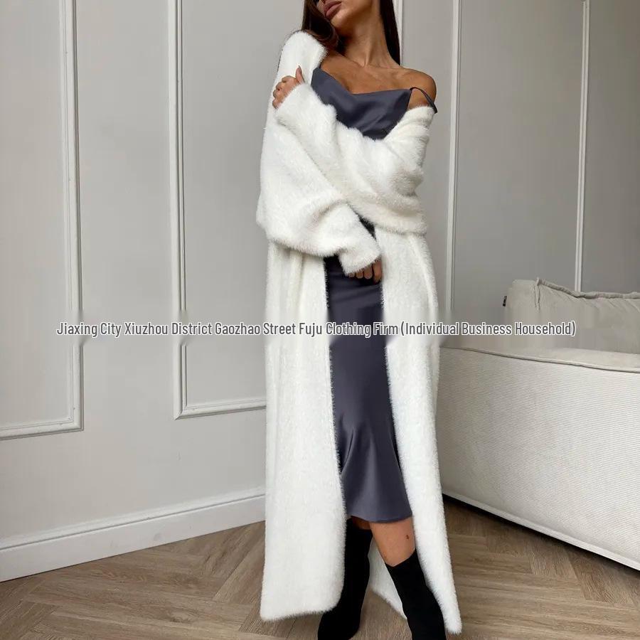 Women's Plush White Imitation Mink Long Cardigan – Cozy Autumn/Winter Knitwear, Plus Size Available