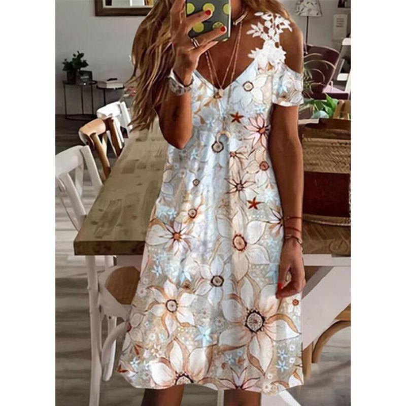 Vestido de Verano con Hombros Descubiertos de Encaje y Manga Corta Nuevo Estampado Holgado Casual Vestidos de Fiesta Moda Femenina Elegante Línea A Talla Grande Ropa Dulce