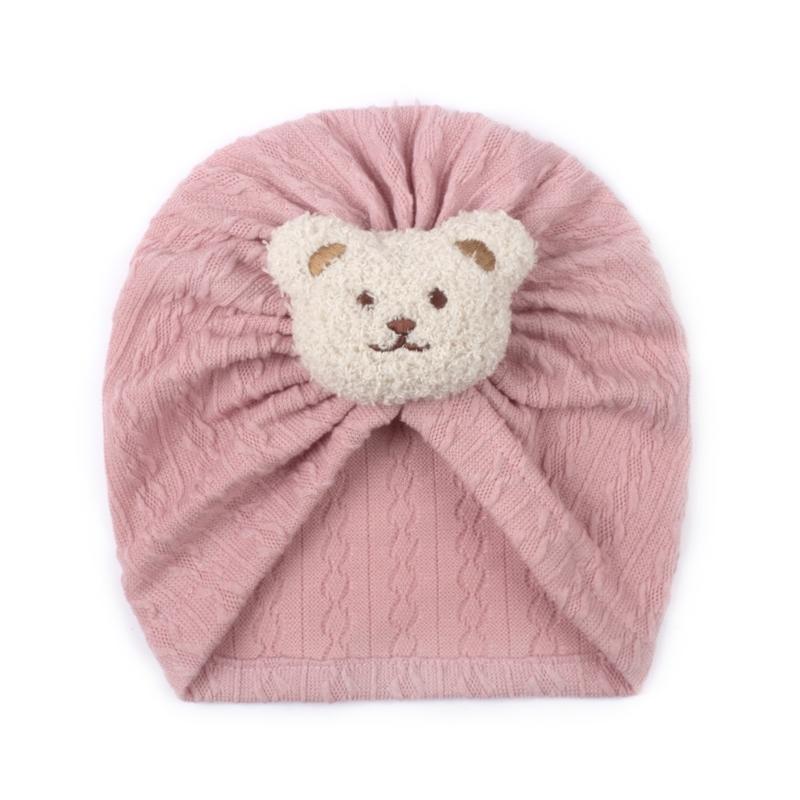 Solid Turban Hat Baby Beanies Caps Headwrap with Cute Bear Charm for 0-2 Years Baby Girls Infants Toddlers Pullover Hat