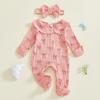 Baby Girls 2 Piece Outfits Cute Long Sleeve Round Neck Bow Print Full Length Footed Jumpsuit with Bow Headband