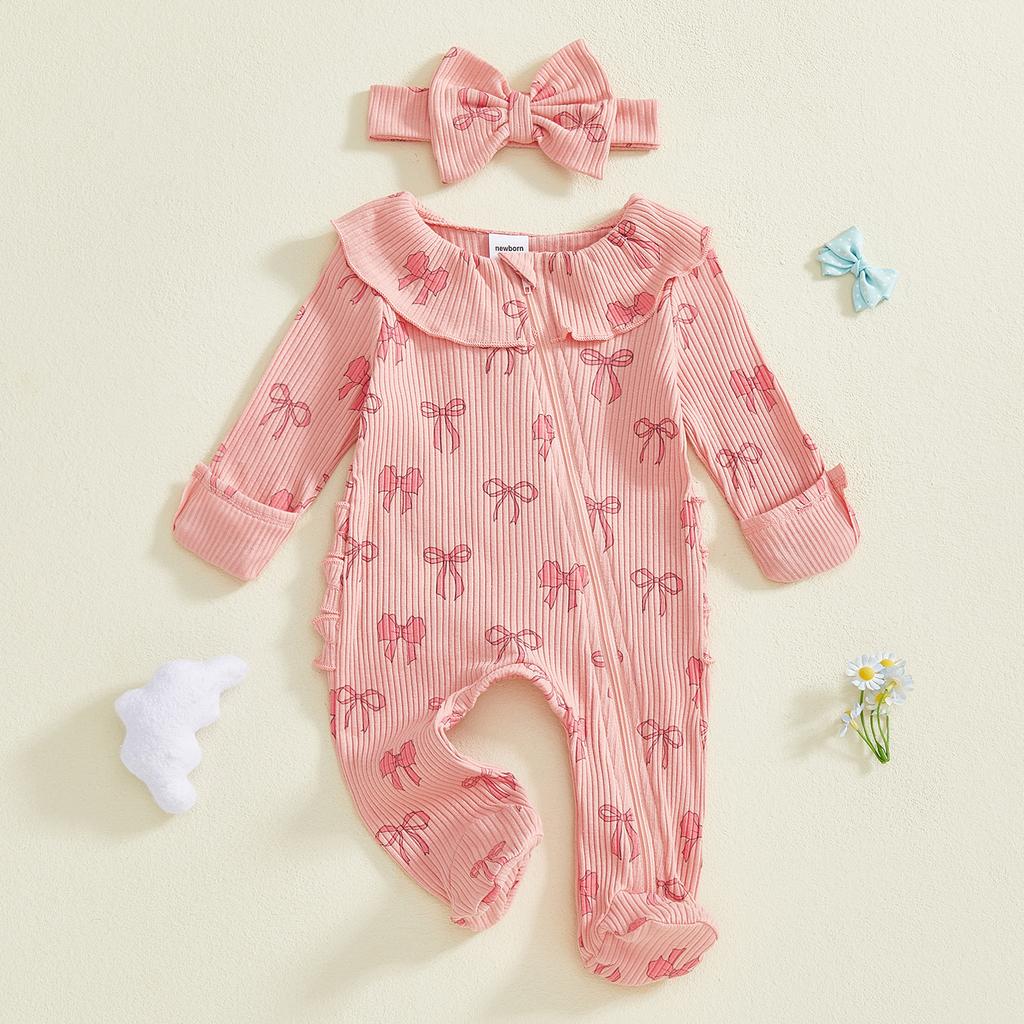 Baby Girls 2 Piece Outfits Cute Long Sleeve Round Neck Bow Print Full Length Footed Jumpsuit with Bow Headband