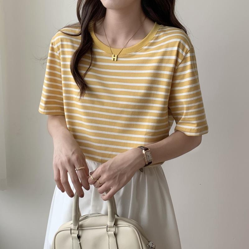 Casual striped t-shirt women's short-sleeved summer new student half-sleeved top loose versatile crew neck t-shirt ins