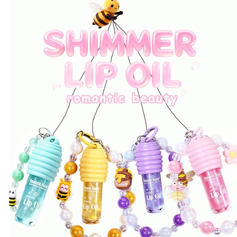 Lippenöl mit Kette 4 Farben Niedliches Armband Lippenbalsam Feuchtigkeitsspendender Lipgloss Wässriger Spiegel Getönter Lipgloss