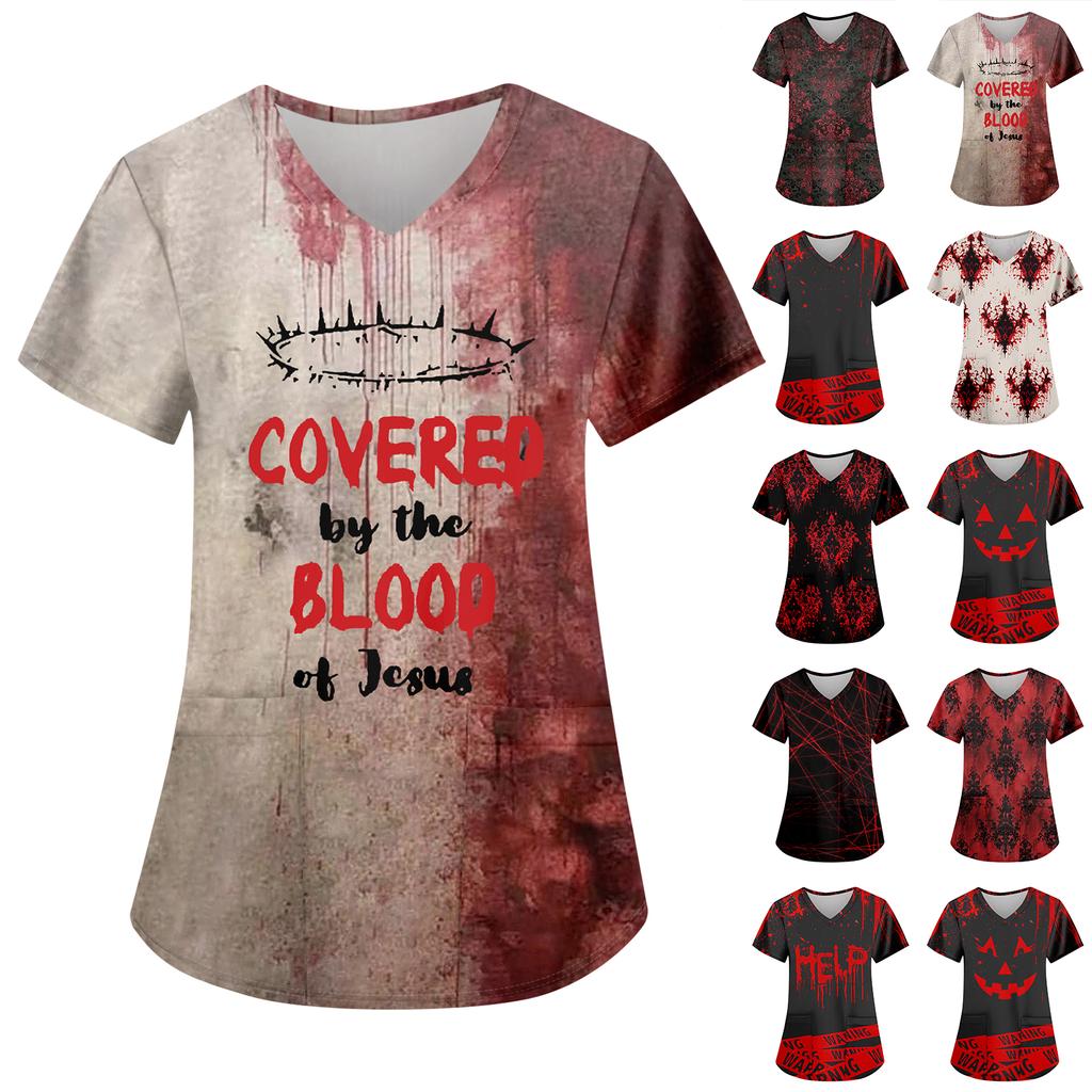 Women's Fashion Casual Halloween Printed Pocket T-shirt Tops