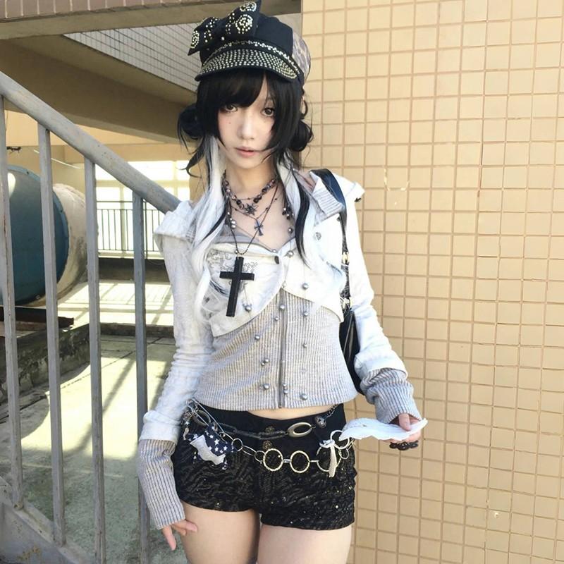 2KWEIRD Y2k Fake Two-piece Knitted Tops Trashy 2000s Hooded Jacket Vintage Harajuku Knitwear Grunge Aesthetics American