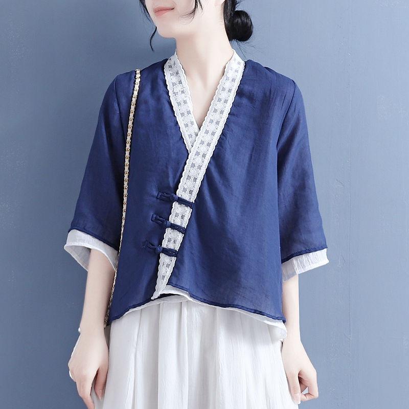Women's Vintage Chinese Style Blouse Embroidered Loose Fit Asymmetrical Button Down Shirt Chic Spring Summer Top KK132