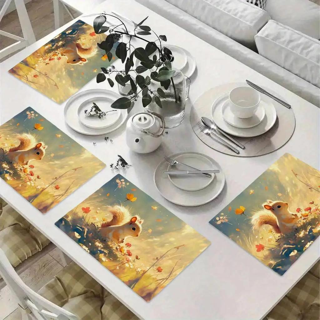 Of 4/6 Cute Warm-Colored Animal Squirrel Autumn Leaf Nature Scenery Placemats, Featuring a Soft Texture And Durable Design, Perfect for Home Kitchen