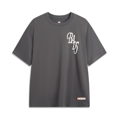 Li Ning Badfive Printed Breathable Casual Fashion Loose Round Neck Letter Short Sleeve T-Shirt Men Tops Black Pine-Grey AHSVB77-5