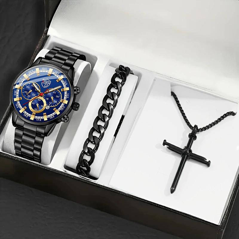 

3 шт./набор, 1 шт. мужские модные спортивные кварцевые часы из нержавеющей стали с календарем, 1 шт. браслет, 1 шт. ожерелье