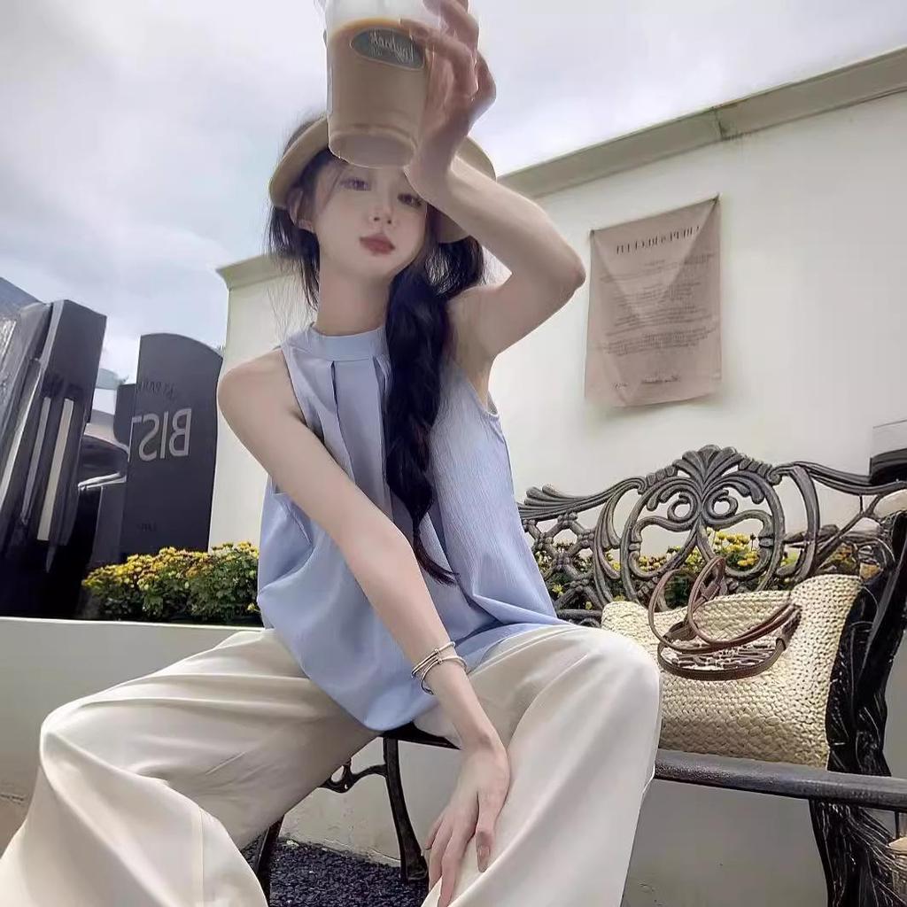 Chic French Blue Pleated Sleeveless Halter Top for Women - Trendy Summer Design