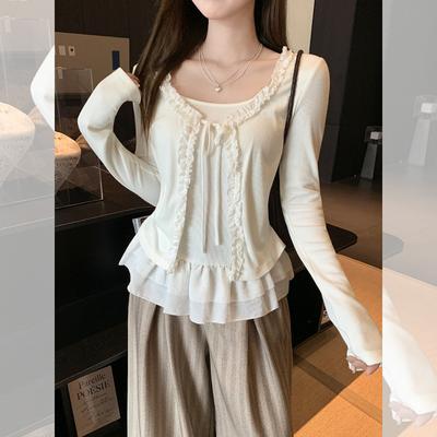 Wczesnojesienna Koszulka z Długim Rękawem dla Kobiet, Imitacja Dwuczęściowej, z Haftowanym Koronkowym Topem w Grzyby