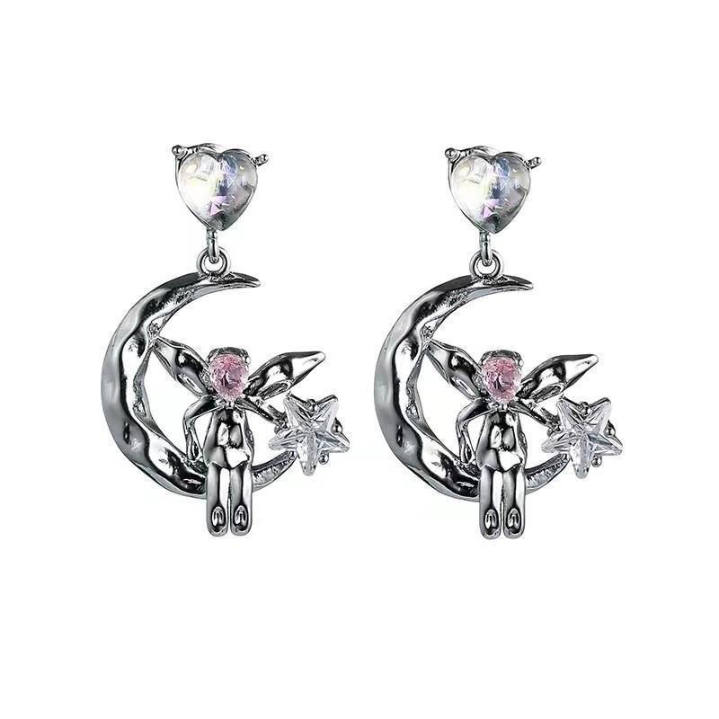 Love Zircon Star Stud Earrings Popular Summer Earrings Niche Design Moon Elf Earrings