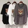 Großformat Damen Lockeres Mittellanges V-Ausschnitt Kurzarm T-Shirt, UV-Schutz, Schlankmachend, Bauchbedeckend, Koreanischer Stil, Sommer Oberteil