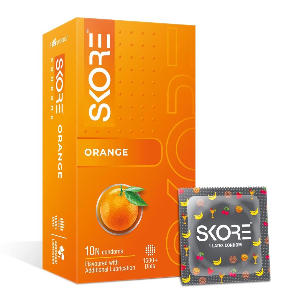 Skore Fruit Basket Flavoured Condoms Combo Pack of 4, X10 Pcs Orange Banana Cherry Strawberry Dotted Latex Rubber