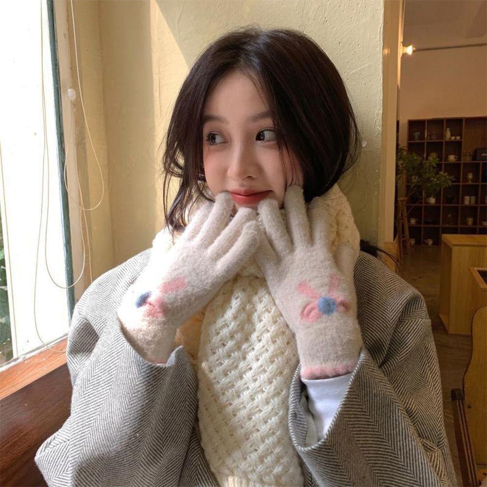 Bowknot Winter Gloves Touch Screen Warm Mittens Elastic Women Knitted Gloves