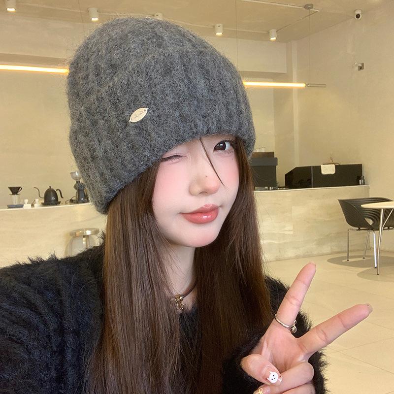 Blue wool hat women's autumn and winter versatile face small knitted hat big head circumference cold and warm bag head hat