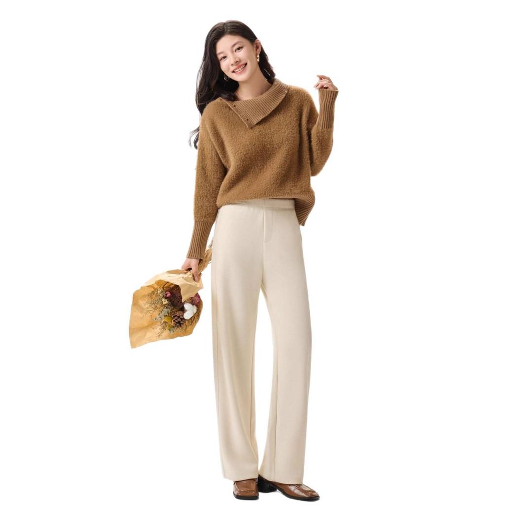 Women's High Waist White Wool-Blend Fleece Pants - Slimming, Versatile, Straight/Wide Leg Winter Casuals.