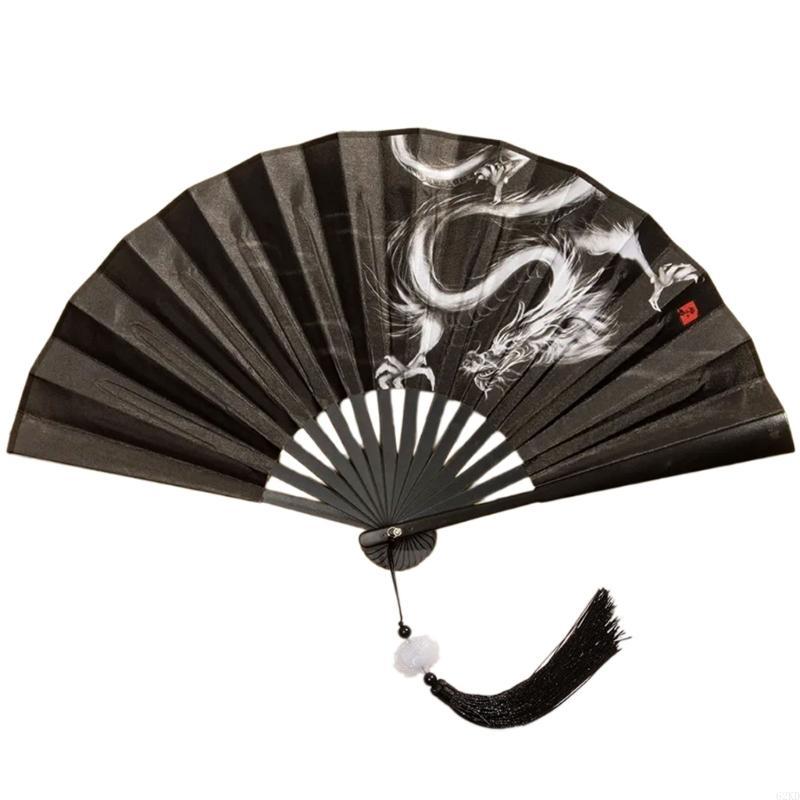62KD Handhelds Folding Fan Elegant Chinese Vintage Painting Double Sided Hand Fan with Tassels for Dance Home Decorations