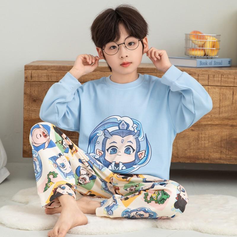 Boys Cotton Pajama Set Long Sleeve Cartoon Print Sleepwear Kids Teens Home Wear