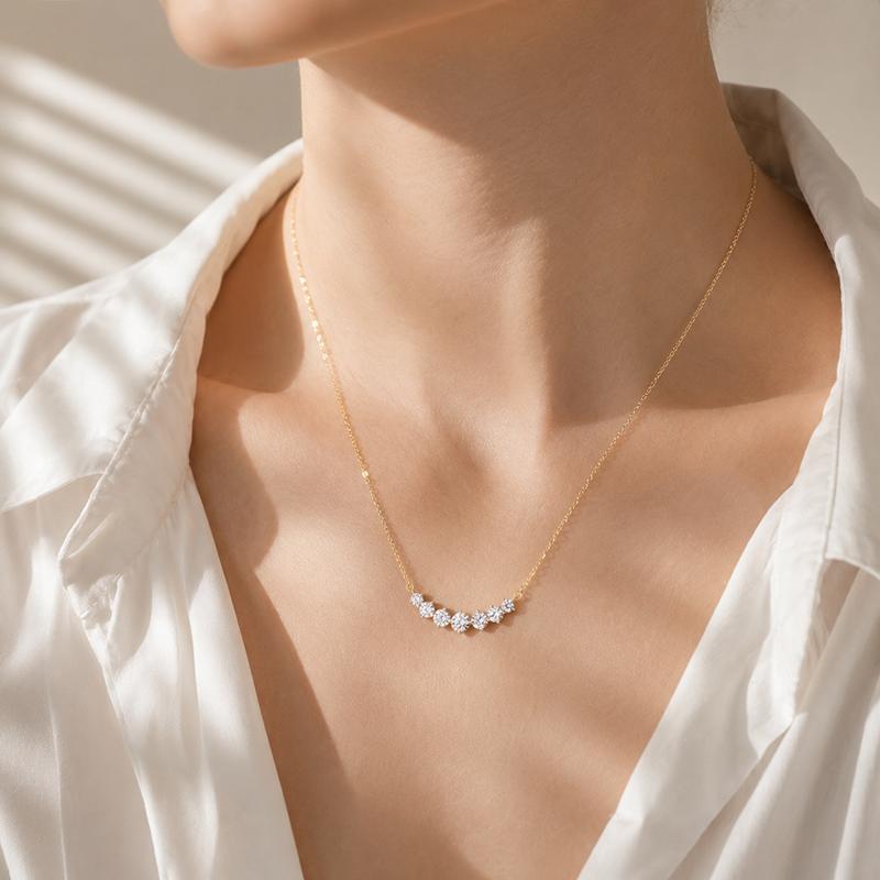 Dainty Gold Silver Plated Smile Bar Pendant for Women 7-Stone Cubic Zirconia Curved Jewelry Minimalist Sparkling Chain Necklace for Daily Wear Parties