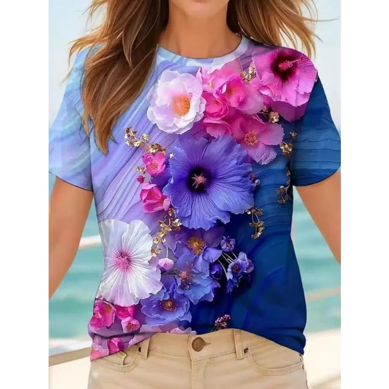 Fashion Women's Crew Neck Short Sleeve 3D Casual Color Printing Casual Short Sleeve Crew Neck T-Shirt