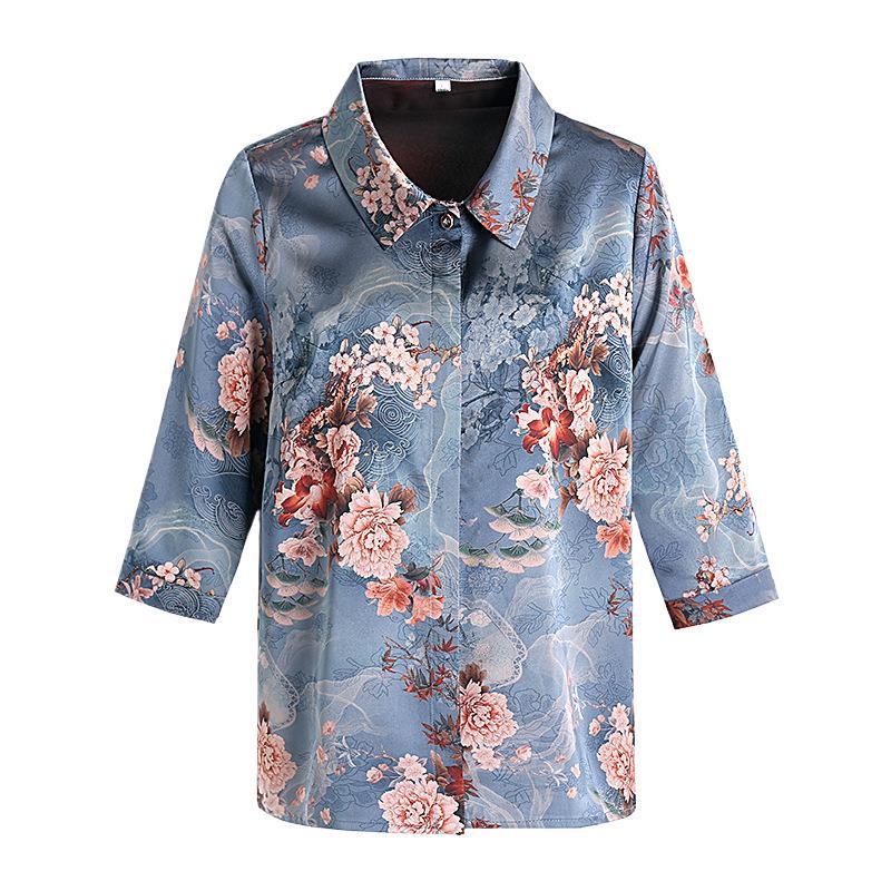 Chinese Style Real Silk Seven-Sleeve Shirt for Elderly Women - Spring/Summer Grandma Top