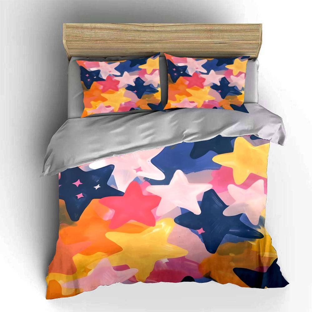 3Pcs Watercolor Star Bedding Set, Pastel Pink, Yellow and Blue Stars Print Duvet Cover + 2 Pillowcases, Cute Kids room Decor