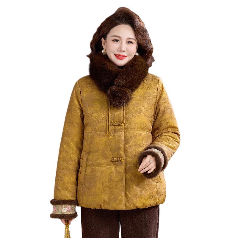 Women's Retro Cotton Jacket with Fur Collar - Thick Warm Winter Coat for Middle-aged & Elderly