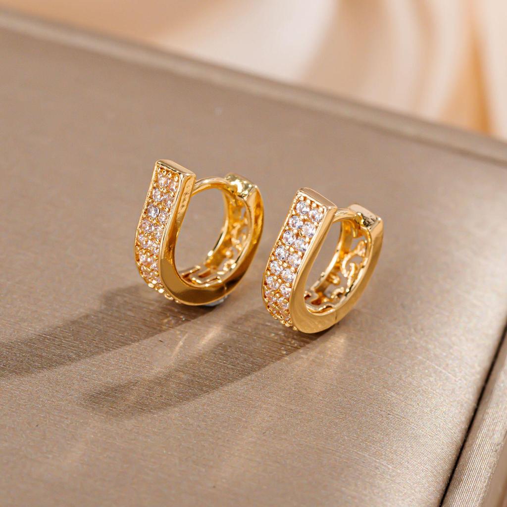 Creative Geometric Double Row Rhinestone Earrings - Small Alloy Ear Hoops & Studs