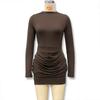 Women Solid Color Round Neck Long Sleeve High Waist Slim Fit Hip Wrap Short Dress