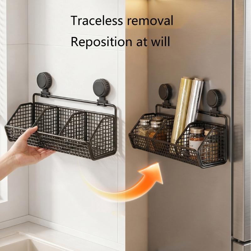 Suction Cup Wall Storage Basket with Iron Wire Frame for Kitchen Bathroom Countertop and Sink Side Storage Use