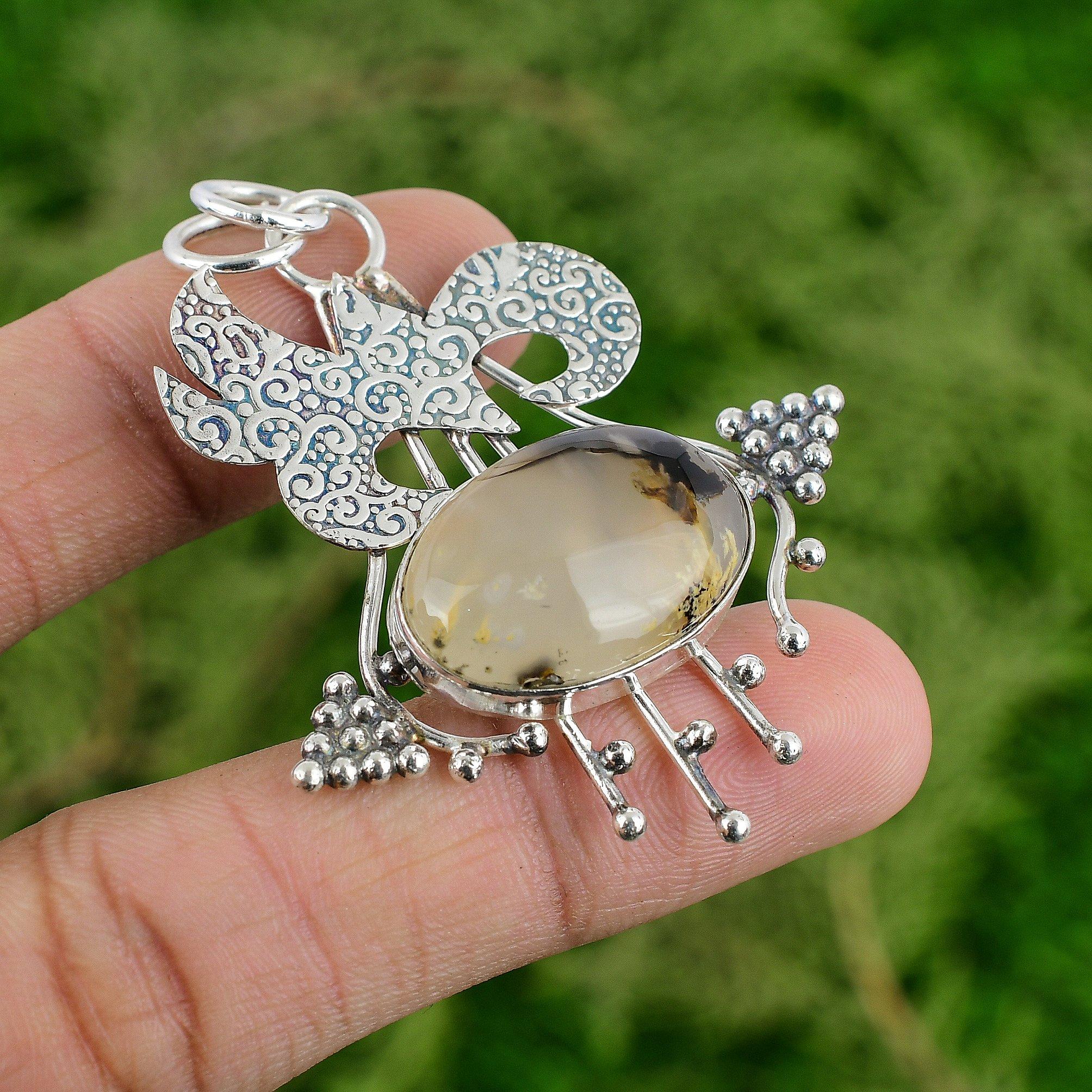 

925 Silver Plume Agate Gemstone Anniversary Bezel Birthday Wife Pendant Jewelry