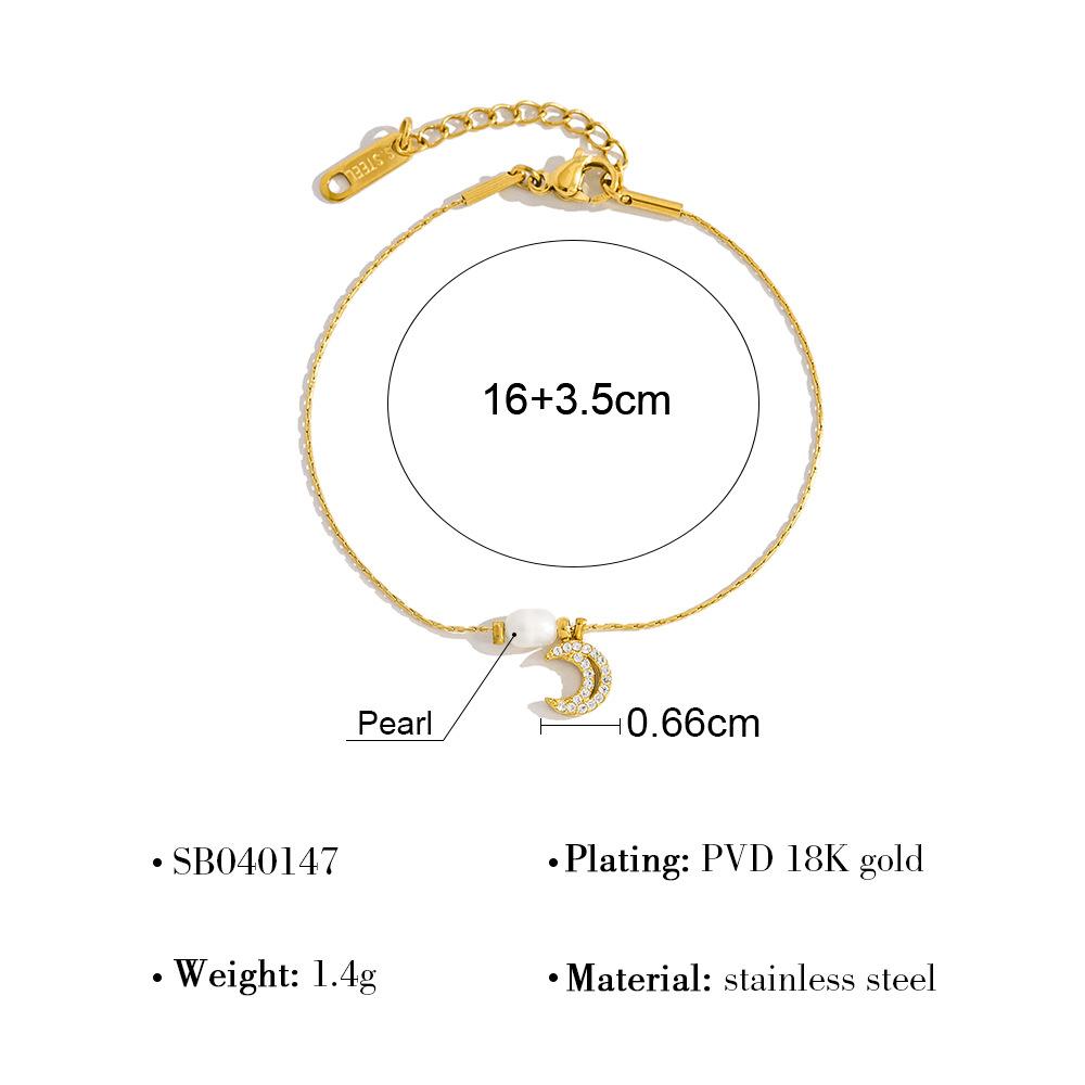 French Elegance Natural Freshwater Pearl Bracelet with Titanium Steel Moon Full Diamond Pendant Collarbone Necklace Set