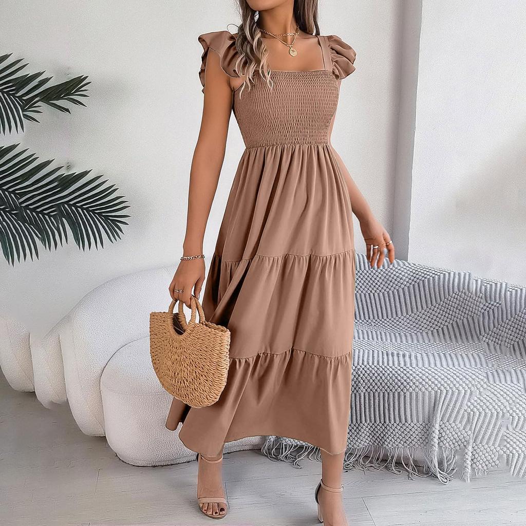 Women's Square-Neck Ruffled Short-Sleeve Zipper Fashion Casual Fitted Bodycon Dress