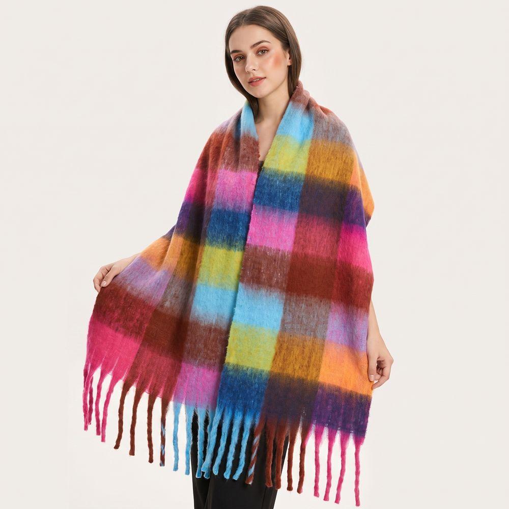 Plush Rainbow Tassel Shawl Long Winter Cashmere Scarves Elegant Warm Wraps Girl