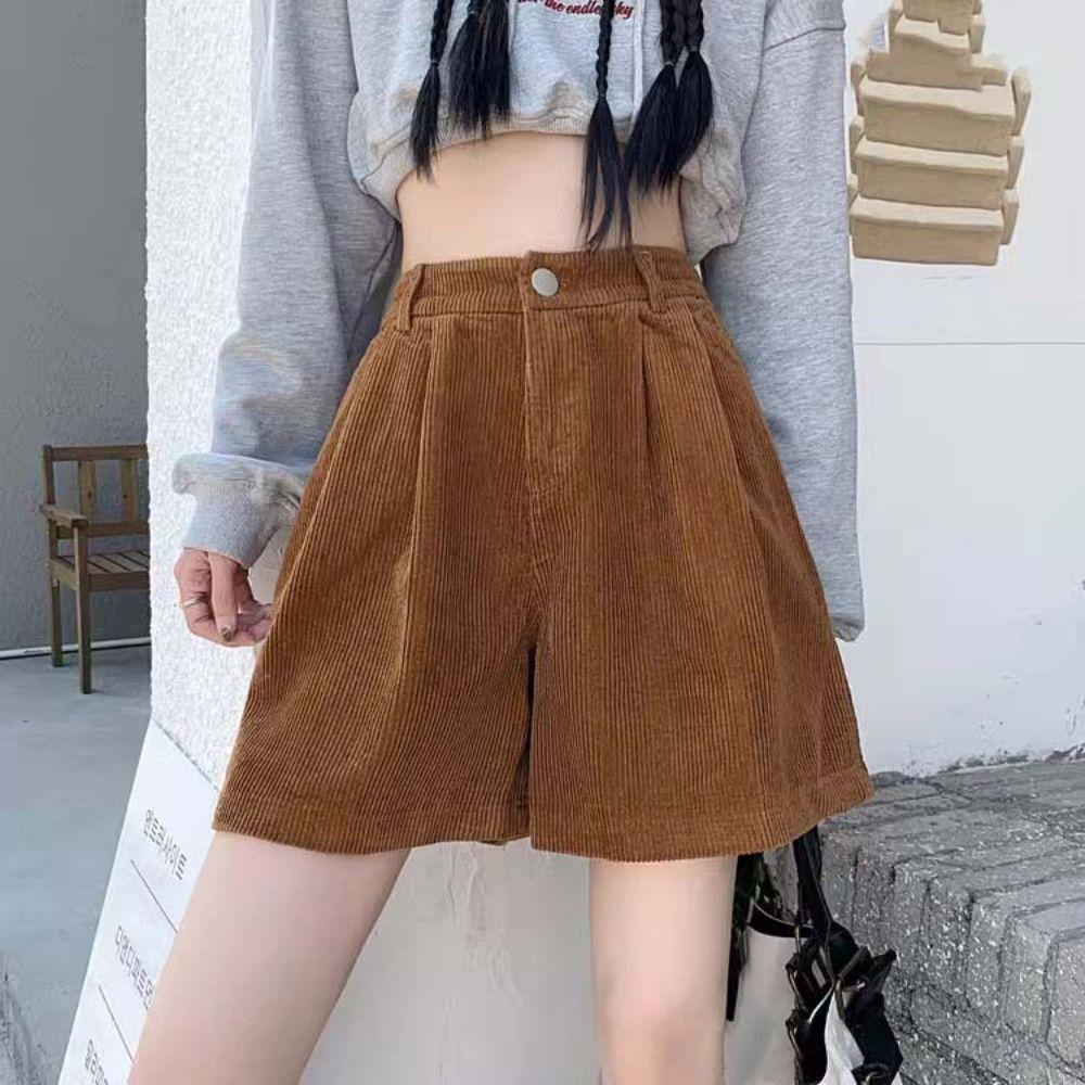 Elastic Women Corduroy Shorts High Waist Loose Streetwear Casual Wide Leg Short Pants  Girl