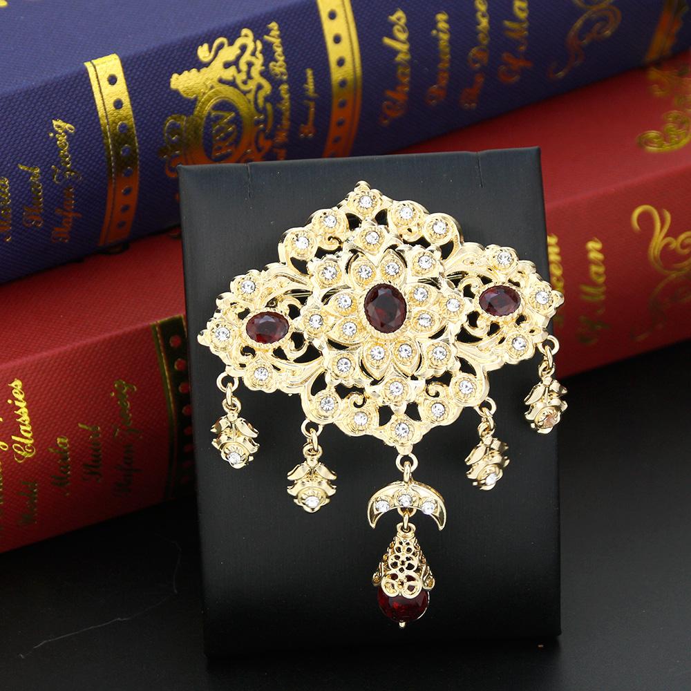 Sunspicems Elegent Crystal Women Brooch Morocco Jewelry Gold Arabic Caftan Hijab Brooch Pins Flower Bride Wedding Bijoux