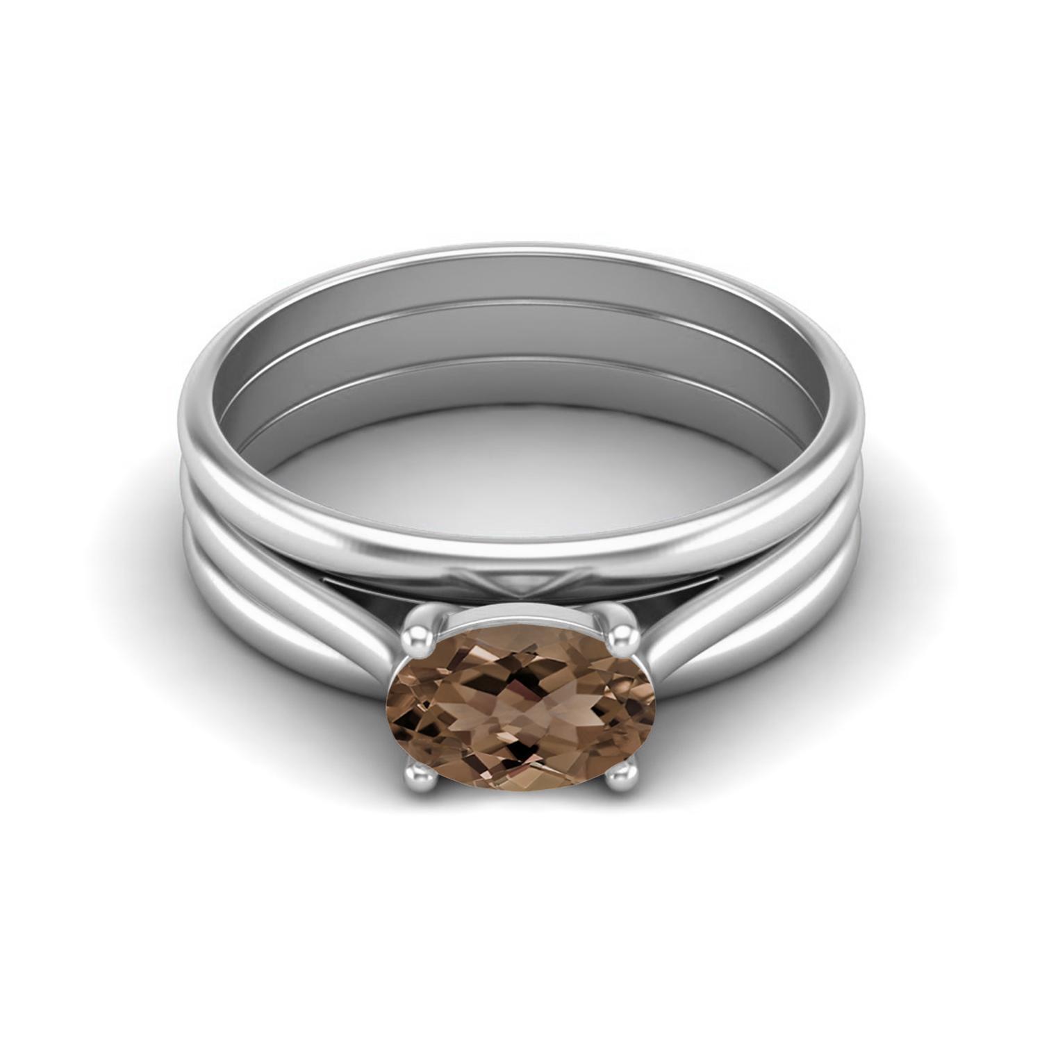 7X5mm Oval Smoky Quartz 925 Sterling Silver Three Shank Solitaire Women Engagement Ring 9