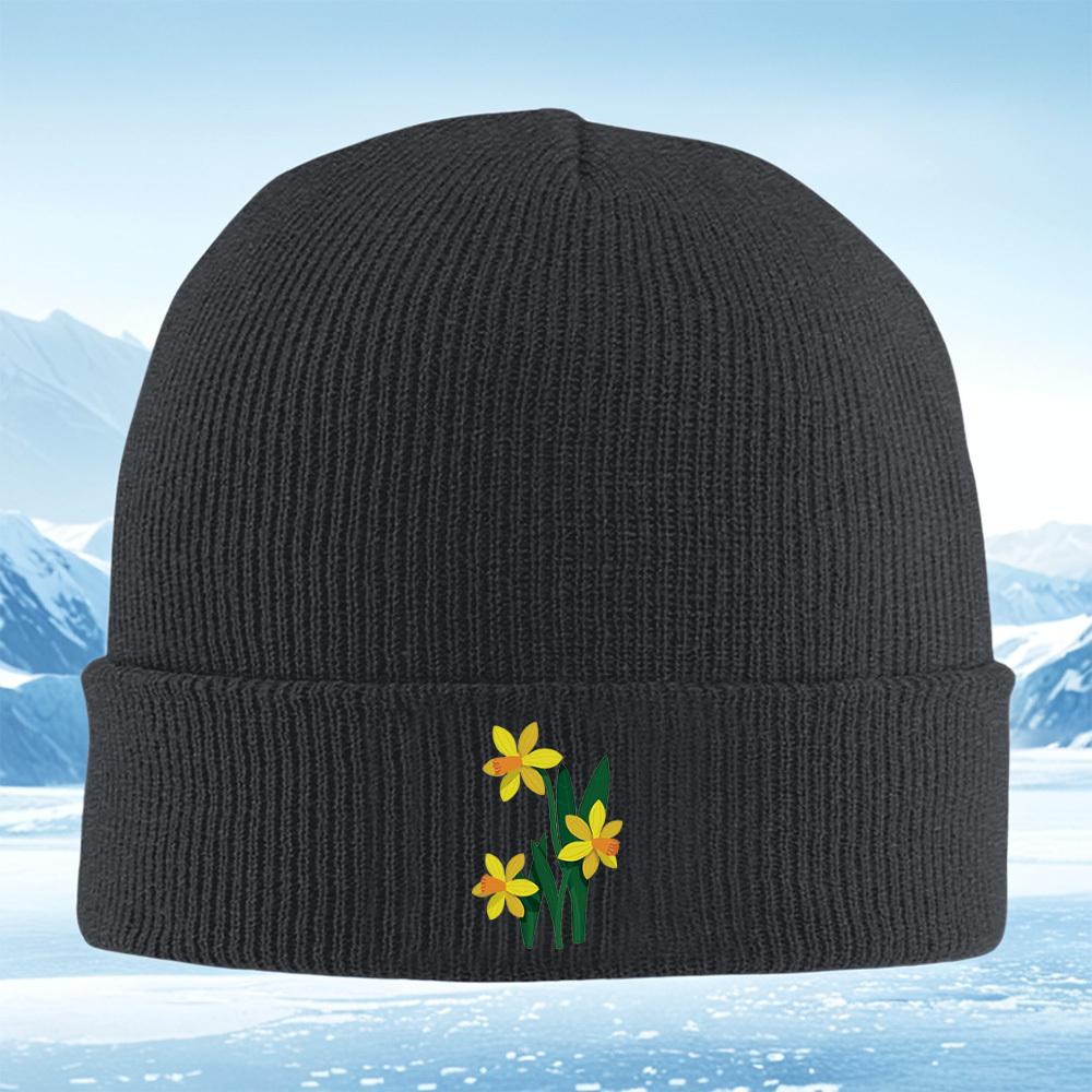 Yellow Flowers Green Leaves Black Background Men Women Unisex Knitted Hat Beanie Pullover Cap Winter Thermal Warm Christmas Outd