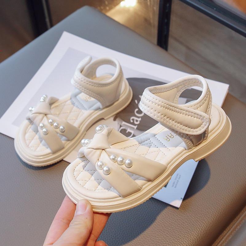 New Summer Girls' Sandals - Fashionable Pearl Princess Shoes with Non-Slip Hook & Loop Closure for Beach Wear