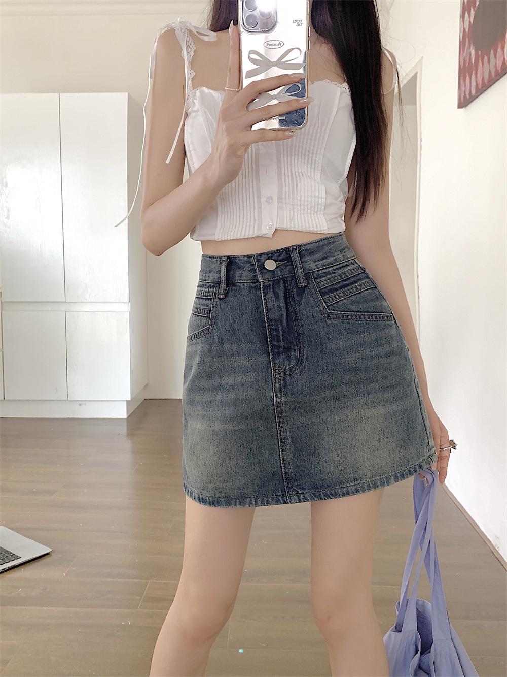 

Women s Retro Distressed Denim Midi Skirt - 2025 Summer High-Waisted Slim Fit A-Line Hip-Hugging Skirt M [50-55 kg]