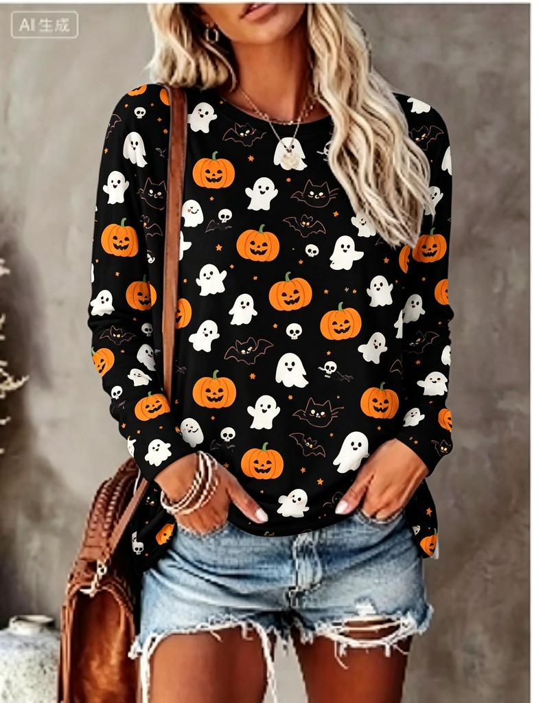 Damen Halloween Langarm-T-Shirt Tag der Toten Zuckerschädel Rose Blumendruck Rundhalsausschnitt Herbst Lässige Oberteile